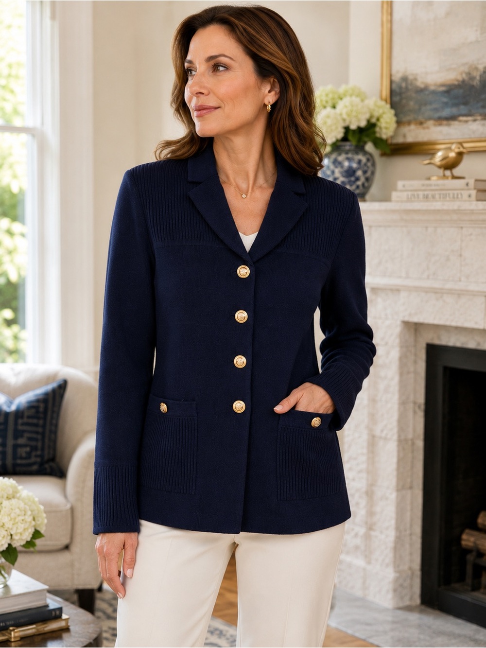 St. John Santana Knit Navy Blazer Gold Crest Button Jacket Size 6 Classic